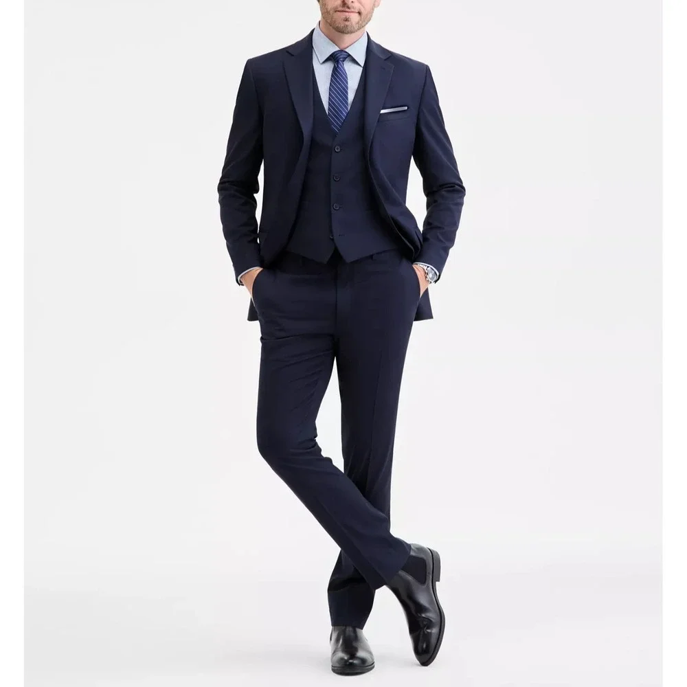 DKNY Men's Suit Navy Solid Modern Fit Vested 3-Piece‎ 44R 37W 32L